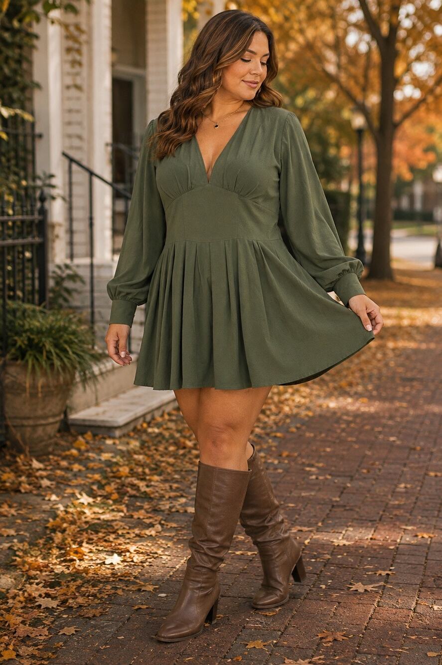 SHEIN Olive Green Fit & Flare Deep V Mini Dress XL